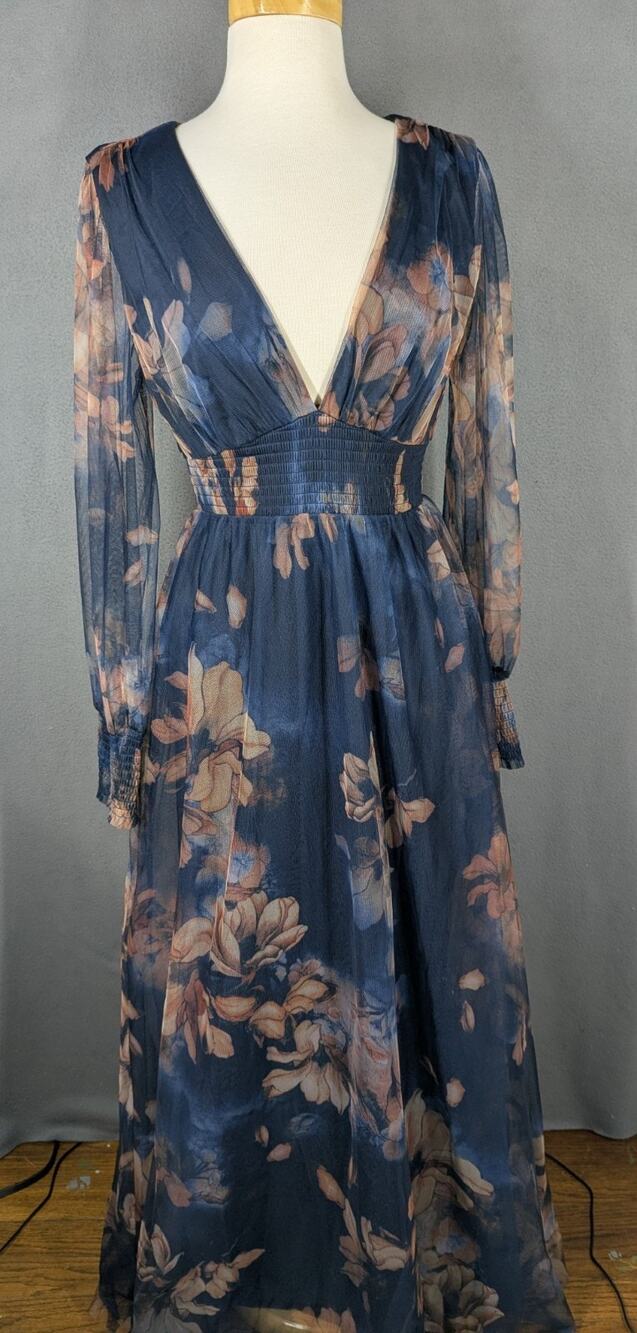 Baltic Born Layla Tulle Maxi Dress In Dark Blue Floral Size Medium Semi Sheer